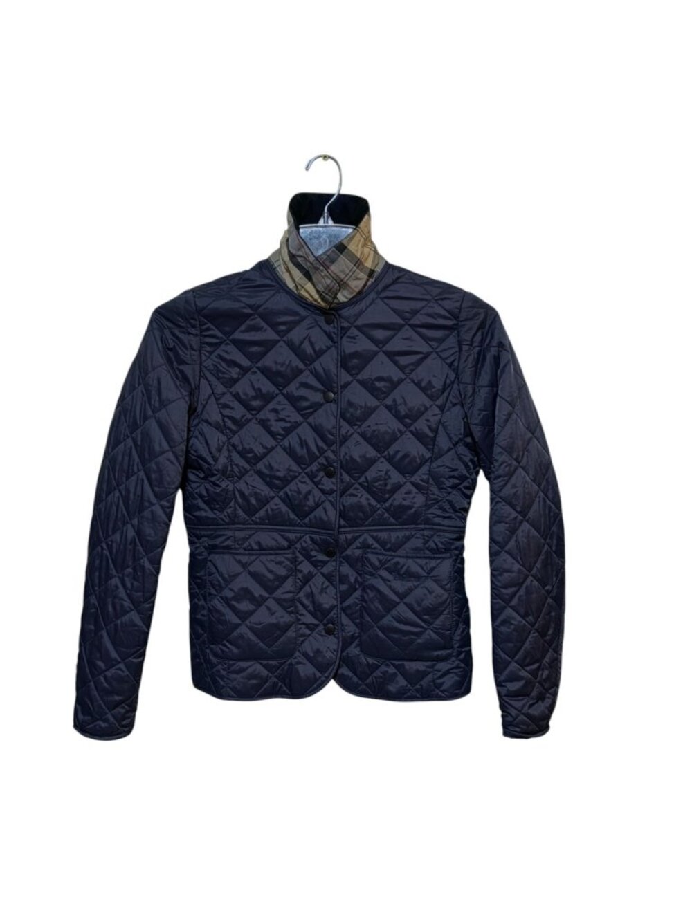 Barbour Womens Deveron Quilted Jacket 6 Snaps Tartan Corduroy Navy Lightweight